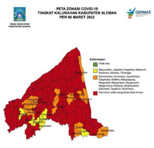 PETA ZONASI COVID – 19 DARI DINKES SLEMAN TINGKAT KALURAHAN KABUPATEN SLEMAN PER 06 MARET 2022