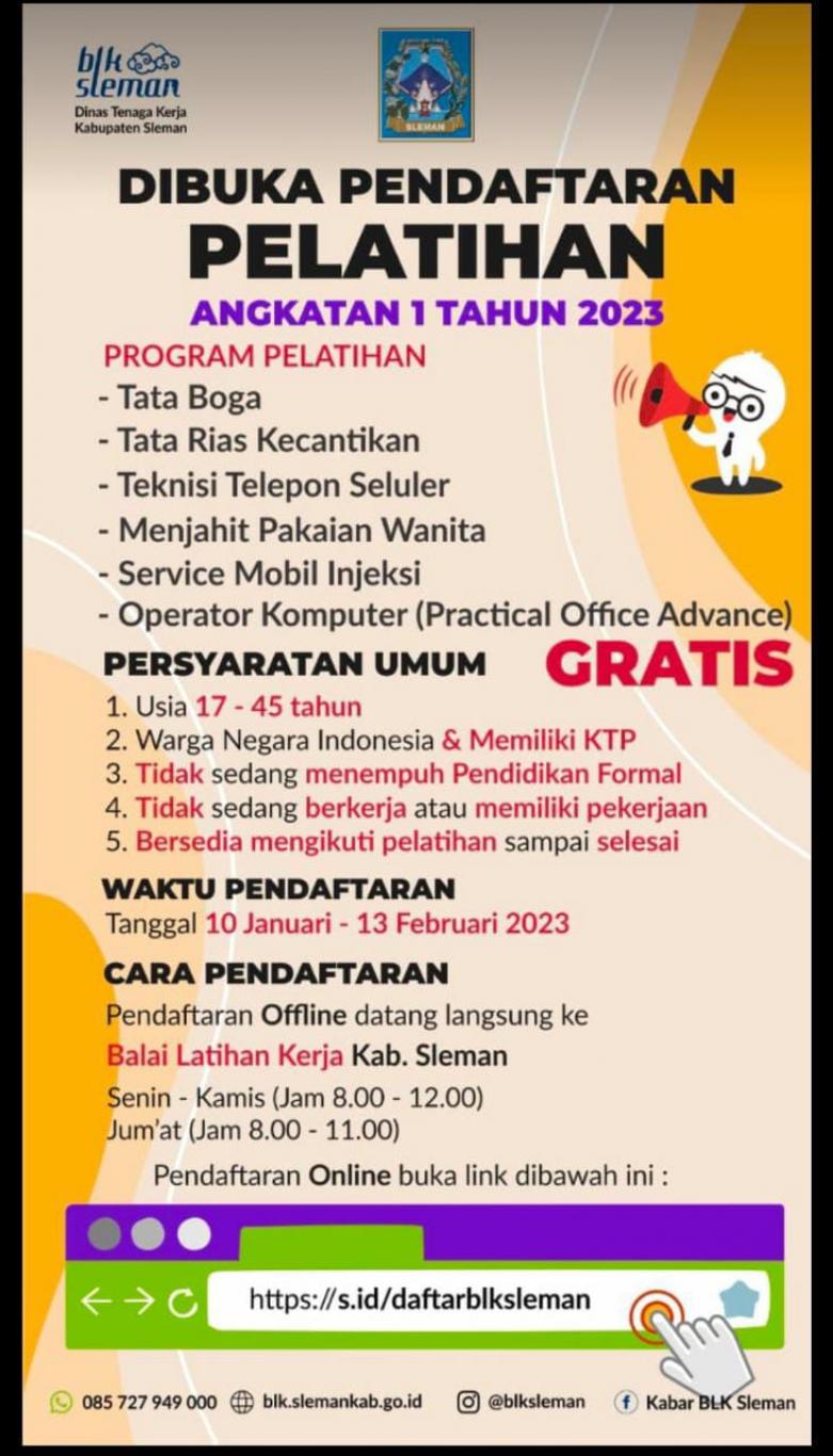 PENDAFTARAN PELATIHAN DI BLK KABUPATEN SLEMAN